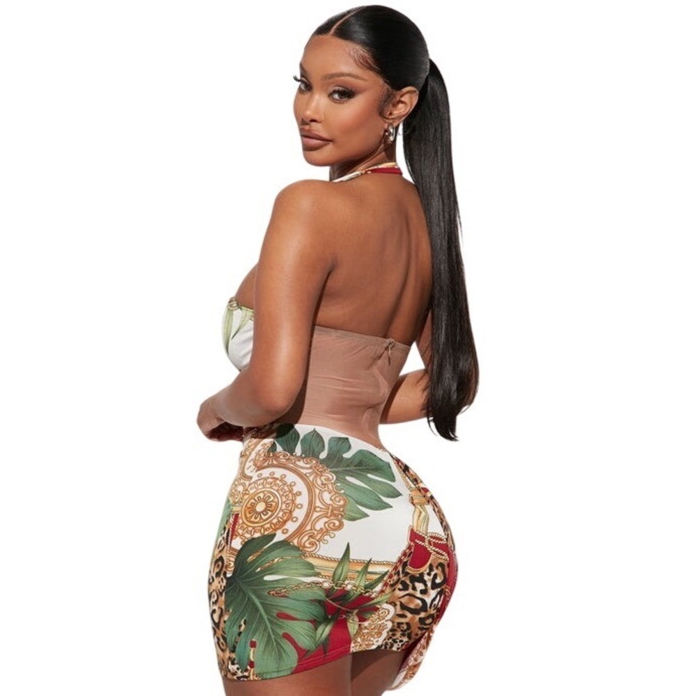 Fashion Nova Multicolor Tropical Print Mini Dress - Green, Red, White, Gold - Picture 2 of 9